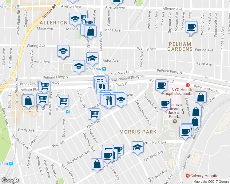 map of restaurants, bars, coffee shops, grocery stores, and more near 1176 Pelham Parkway South in Bronx