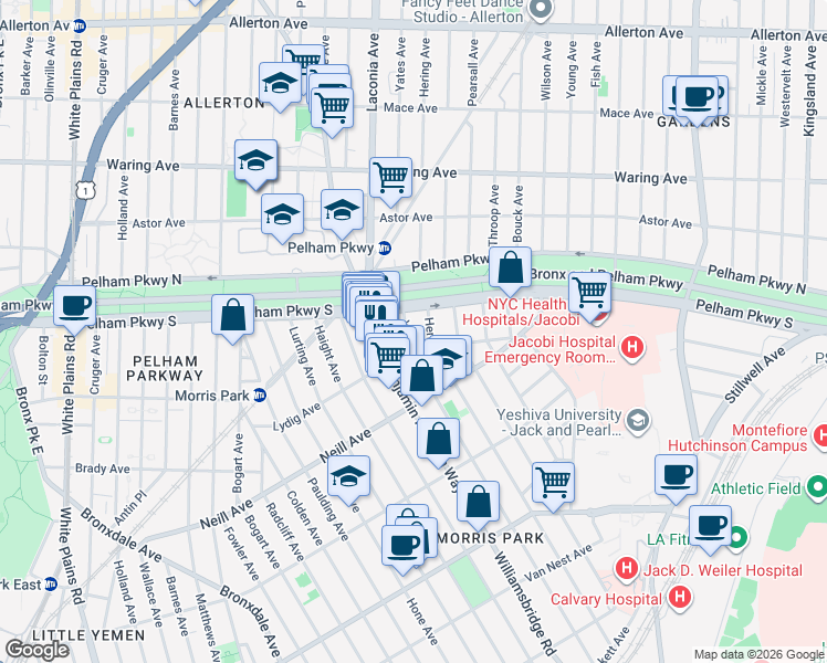map of restaurants, bars, coffee shops, grocery stores, and more near 1176 Pelham Parkway South in Bronx
