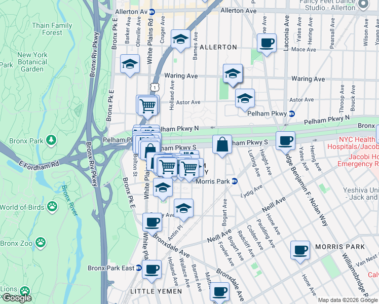 map of restaurants, bars, coffee shops, grocery stores, and more near in Bronx