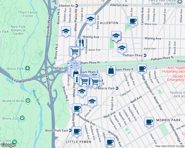 map of restaurants, bars, coffee shops, grocery stores, and more near in Bronx