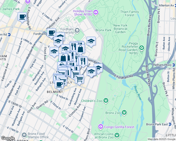 map of restaurants, bars, coffee shops, grocery stores, and more near 2496 Belmont Avenue in Bronx