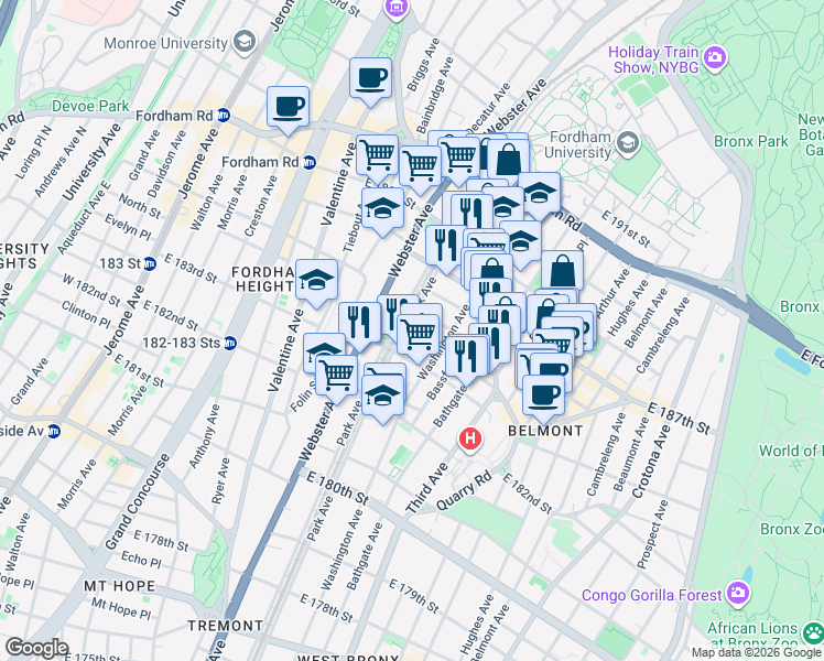 map of restaurants, bars, coffee shops, grocery stores, and more near 451 East 185th Street in The Bronx