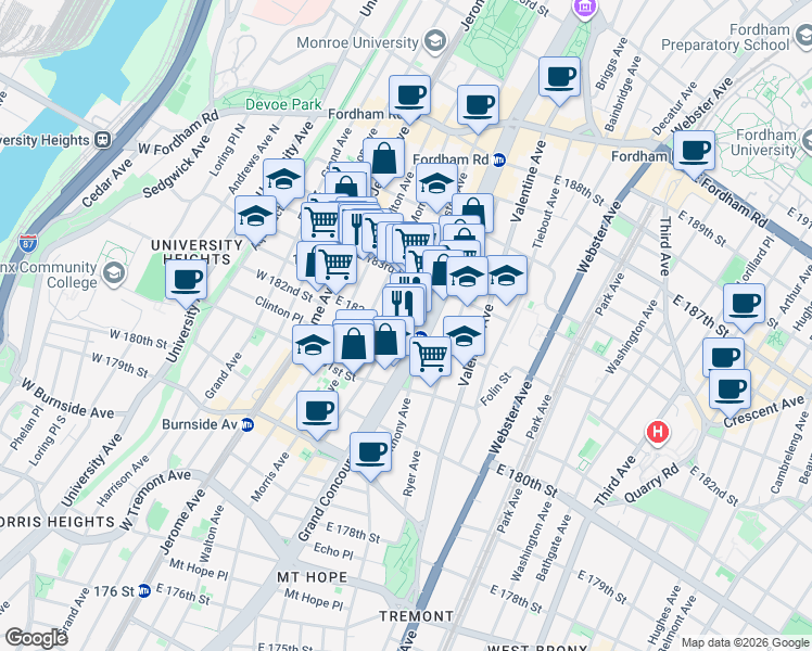 map of restaurants, bars, coffee shops, grocery stores, and more near 2244 Morris Avenue in Bronx