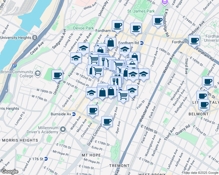 map of restaurants, bars, coffee shops, grocery stores, and more near 2244 Morris Avenue in Bronx