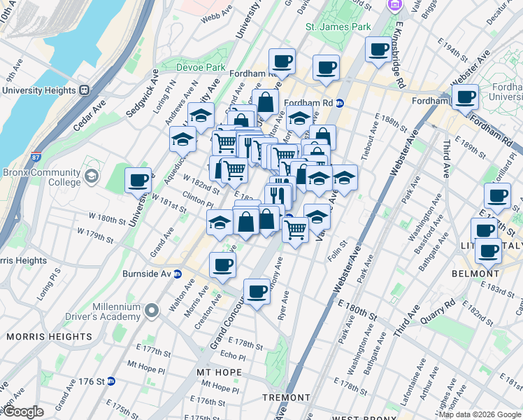 map of restaurants, bars, coffee shops, grocery stores, and more near 2244 Morris Avenue in Bronx