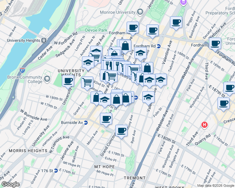 map of restaurants, bars, coffee shops, grocery stores, and more near in The Bronx