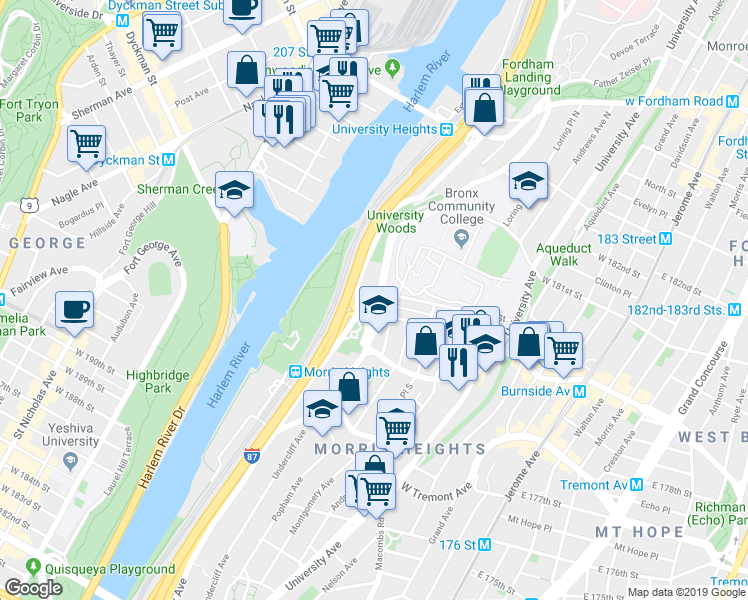 map of restaurants, bars, coffee shops, grocery stores, and more near 7 Cedar Avenue in Bronx