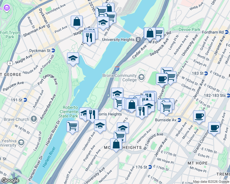 map of restaurants, bars, coffee shops, grocery stores, and more near 7 Cedar Avenue in Bronx