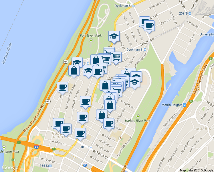 map of restaurants, bars, coffee shops, grocery stores, and more near 82-76 Wadsworth Terrace in New York