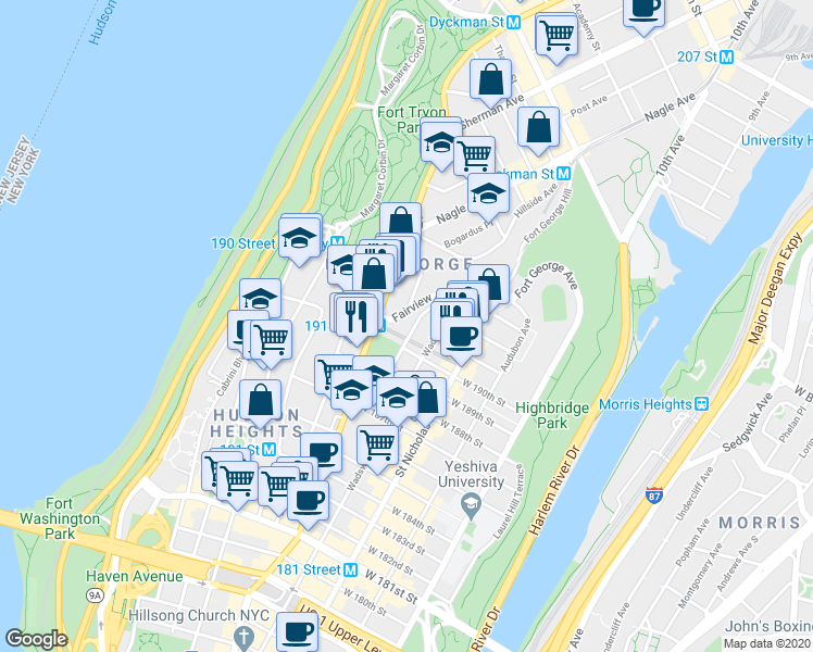 map of restaurants, bars, coffee shops, grocery stores, and more near 4468 Broadway in New York