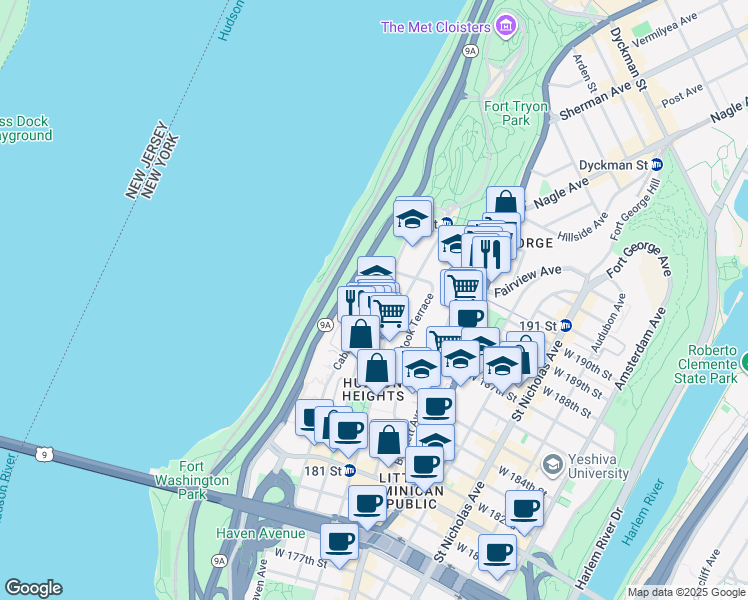 map of restaurants, bars, coffee shops, grocery stores, and more near 360 Cabrini Boulevard in New York