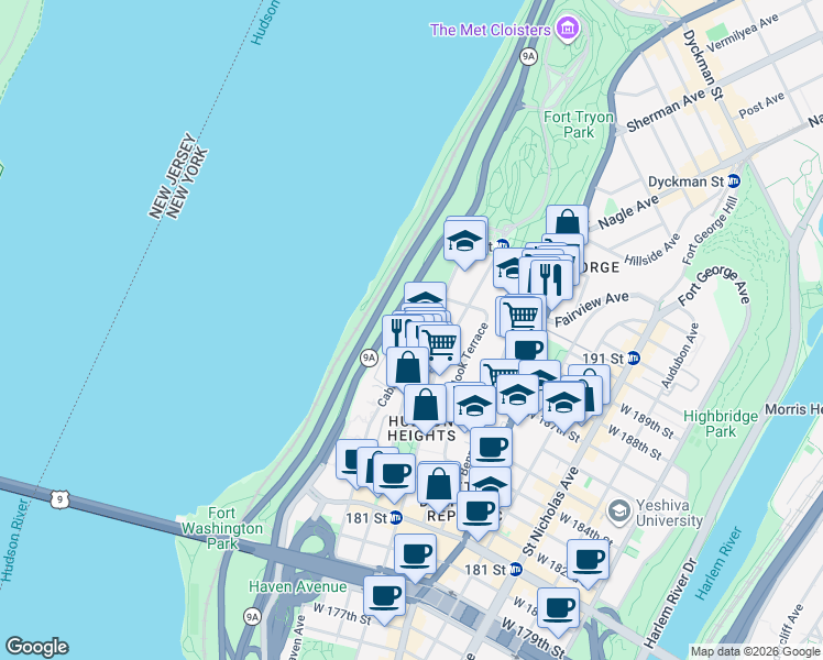 map of restaurants, bars, coffee shops, grocery stores, and more near 360 Cabrini Boulevard in New York