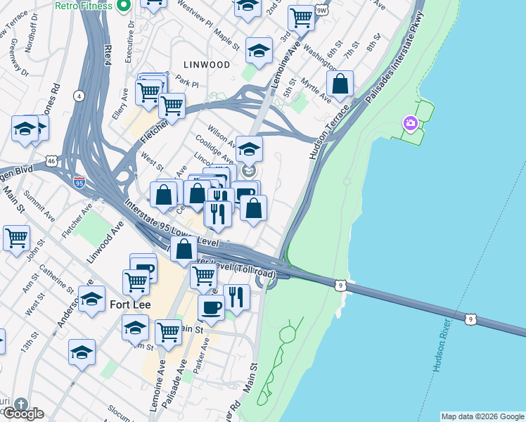 map of restaurants, bars, coffee shops, grocery stores, and more near 2193 North Central Road in Fort Lee