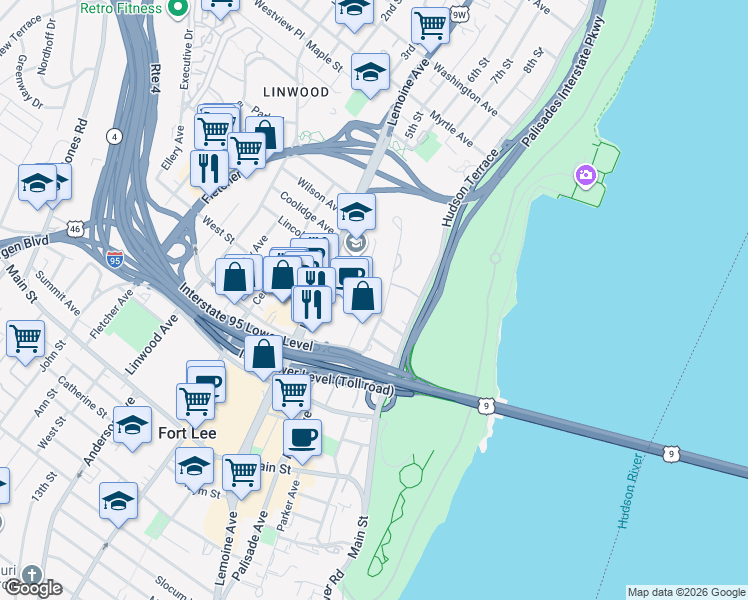 map of restaurants, bars, coffee shops, grocery stores, and more near 1 Hoyt Avenue in Fort Lee
