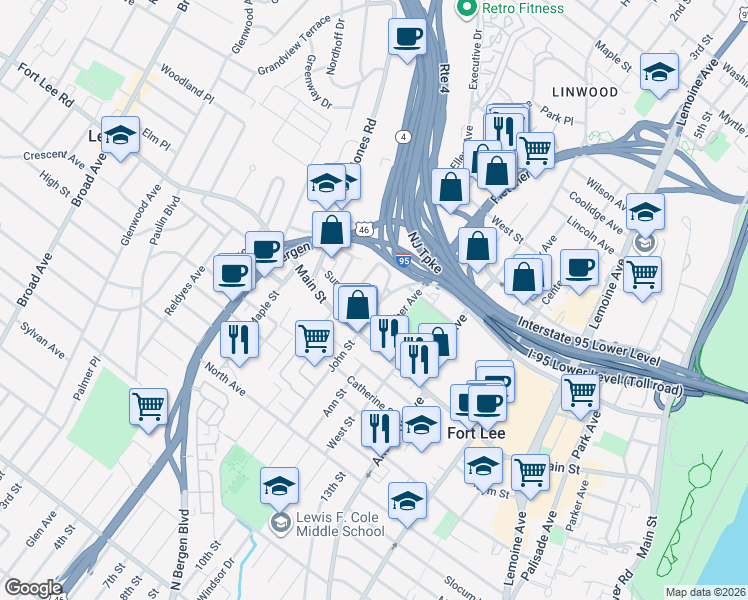 map of restaurants, bars, coffee shops, grocery stores, and more near 2040 Ellery Avenue in Fort Lee