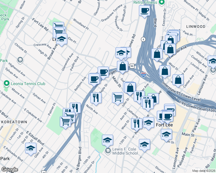 map of restaurants, bars, coffee shops, grocery stores, and more near 560 Main Street in Fort Lee