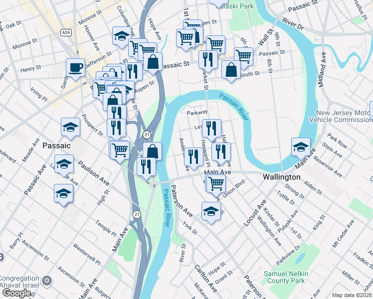 map of restaurants, bars, coffee shops, grocery stores, and more near 47 Anderson Avenue in Wallington