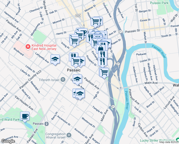 map of restaurants, bars, coffee shops, grocery stores, and more near 140 Gregory Avenue in Passaic