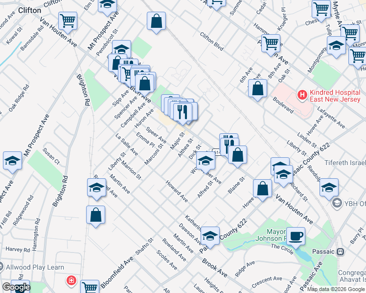 map of restaurants, bars, coffee shops, grocery stores, and more near 24 Major Street in Clifton