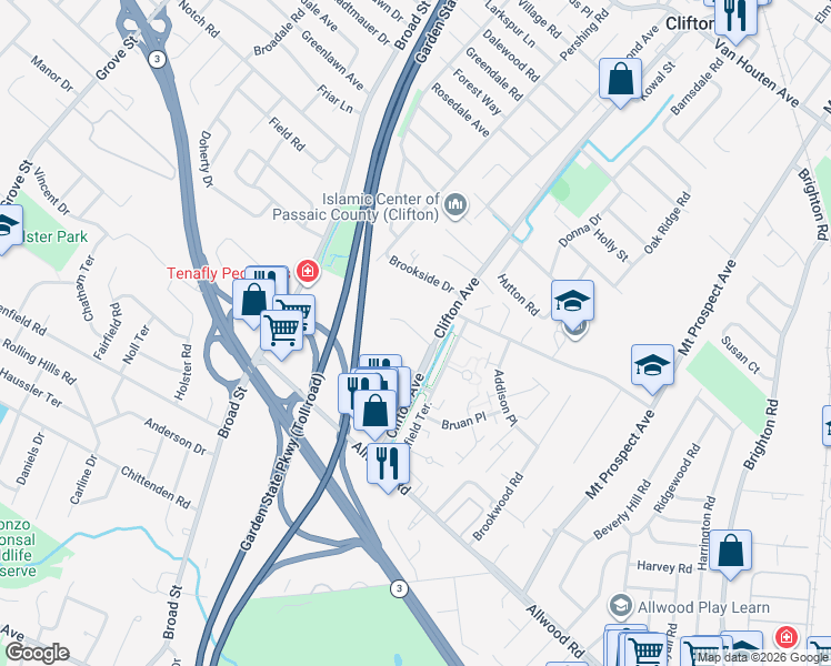 map of restaurants, bars, coffee shops, grocery stores, and more near 32 Joan Place in Clifton