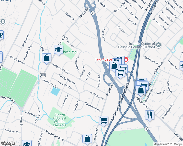map of restaurants, bars, coffee shops, grocery stores, and more near 21 Brantwood Place in Clifton