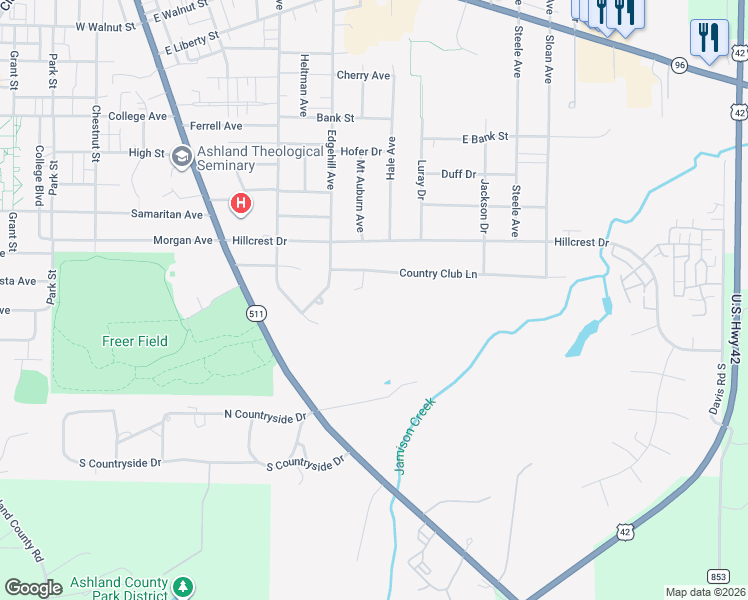 map of restaurants, bars, coffee shops, grocery stores, and more near 619 Country Club Lane in Ashland