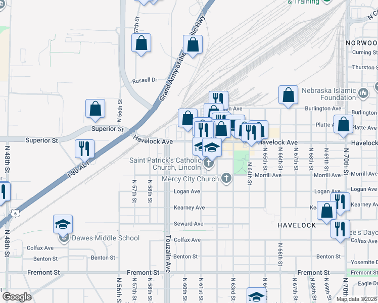 map of restaurants, bars, coffee shops, grocery stores, and more near 6037 Havelock Avenue in Lincoln