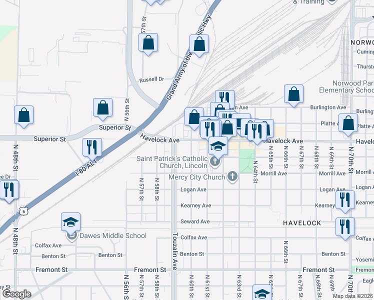 map of restaurants, bars, coffee shops, grocery stores, and more near 5935 Havelock Avenue in Lincoln