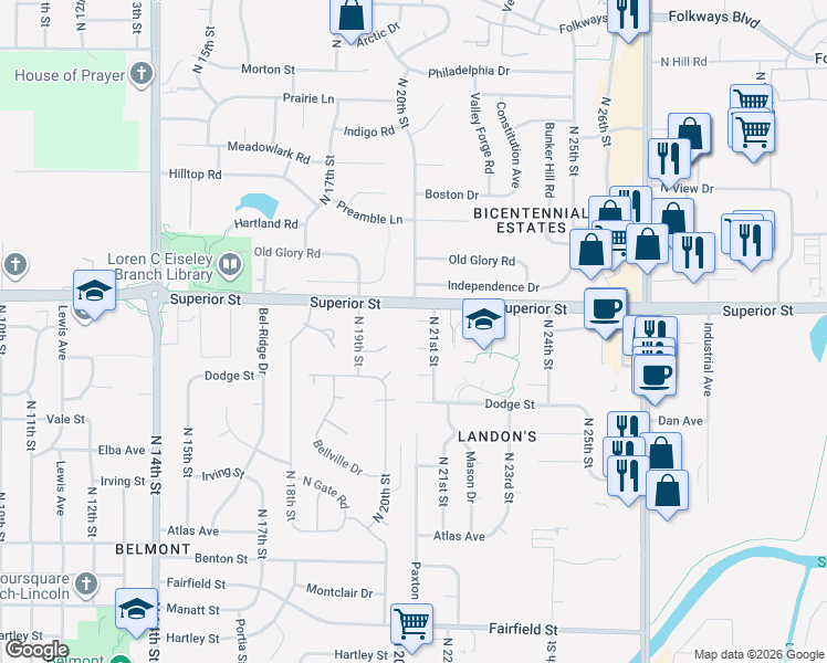 map of restaurants, bars, coffee shops, grocery stores, and more near 2000 Bilmar Circle in Lincoln
