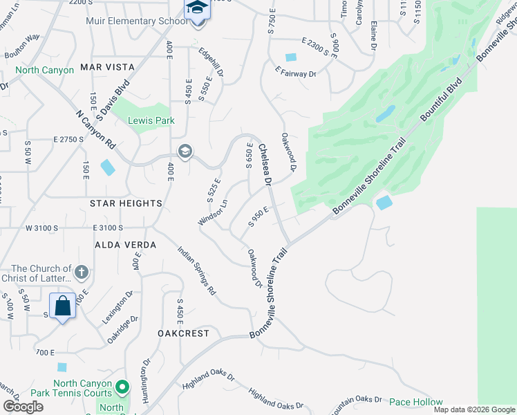 map of restaurants, bars, coffee shops, grocery stores, and more near 2981 Oakwood Drive in Bountiful