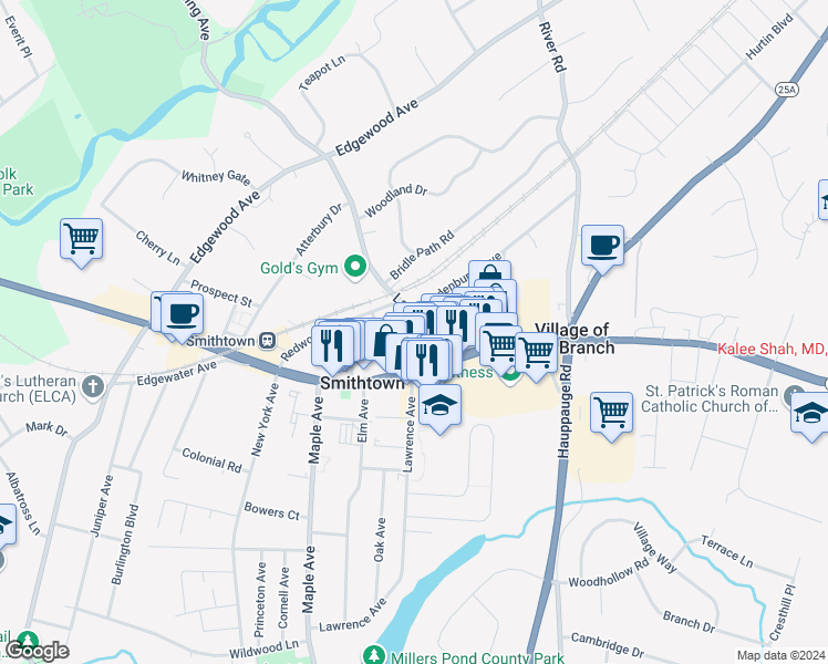 map of restaurants, bars, coffee shops, grocery stores, and more near Call Lane in Smithtown