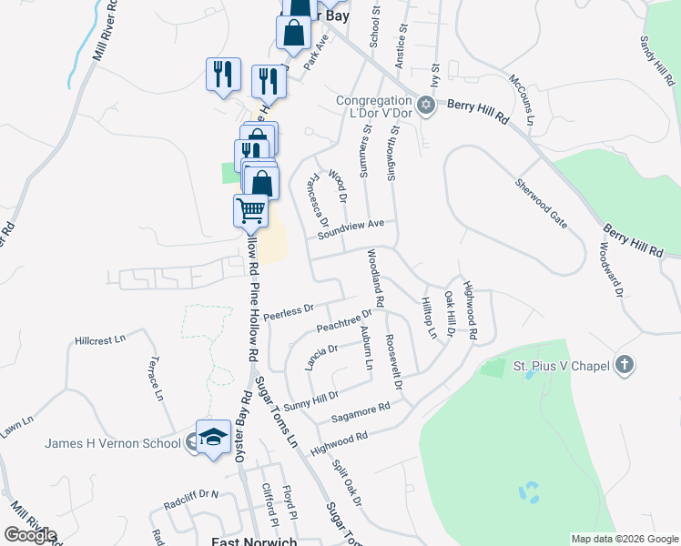 map of restaurants, bars, coffee shops, grocery stores, and more near 6 West Oak Hill Drive in Oyster Bay