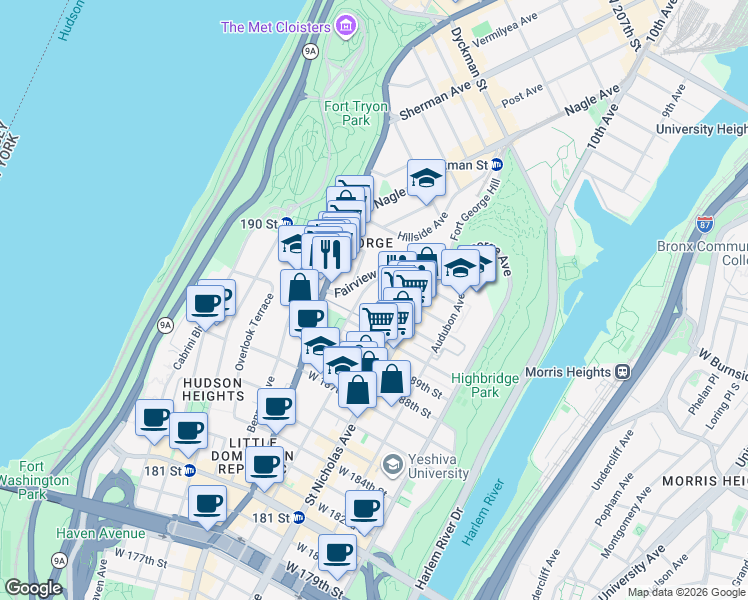 map of restaurants, bars, coffee shops, grocery stores, and more near 82-76 Wadsworth Terrace in New York