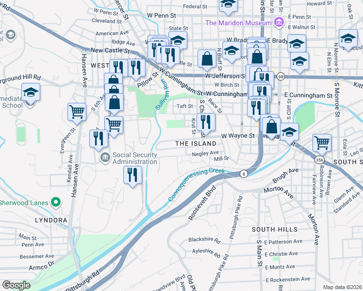 map of restaurants, bars, coffee shops, grocery stores, and more near 516 West Wayne Street in Butler