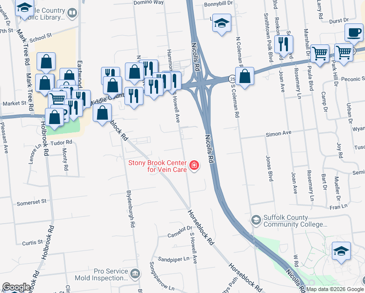 map of restaurants, bars, coffee shops, grocery stores, and more near 41 South Howell Avenue in Centereach
