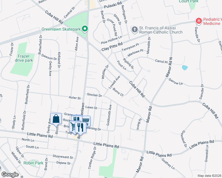 map of restaurants, bars, coffee shops, grocery stores, and more near 10 Lowell Avenue in Greenlawn