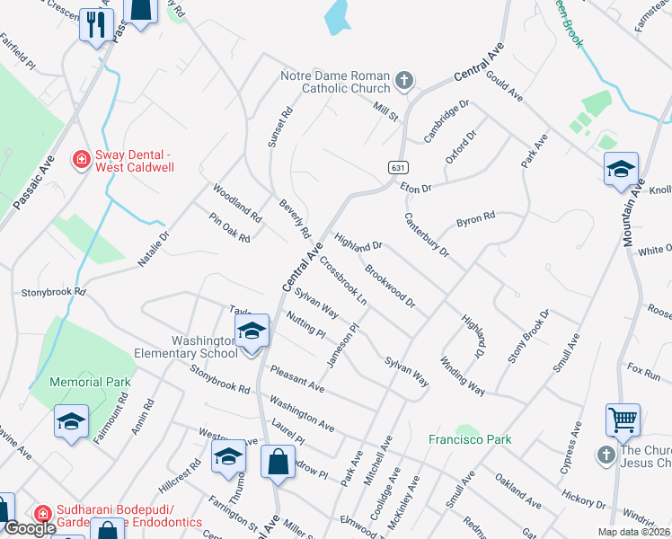 map of restaurants, bars, coffee shops, grocery stores, and more near 43 Highland Drive in West Caldwell