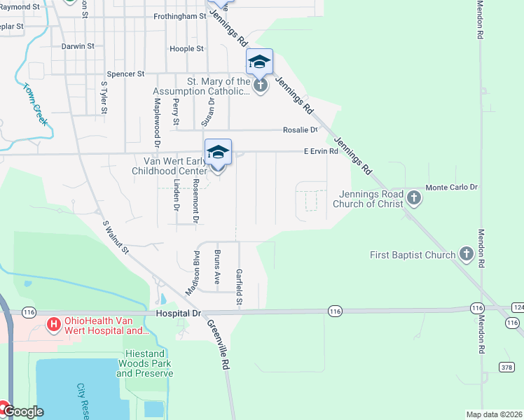 map of restaurants, bars, coffee shops, grocery stores, and more near 1057 Indian Hill Drive in Van Wert