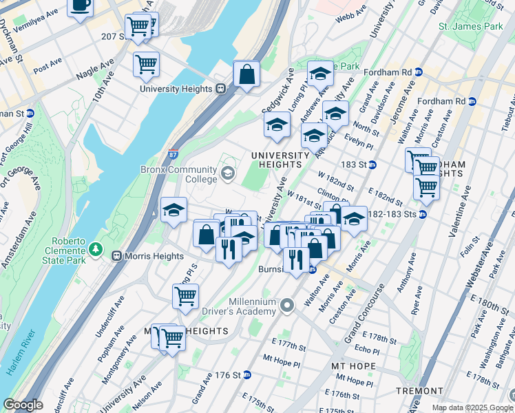 map of restaurants, bars, coffee shops, grocery stores, and more near 2085 University Avenue in The Bronx