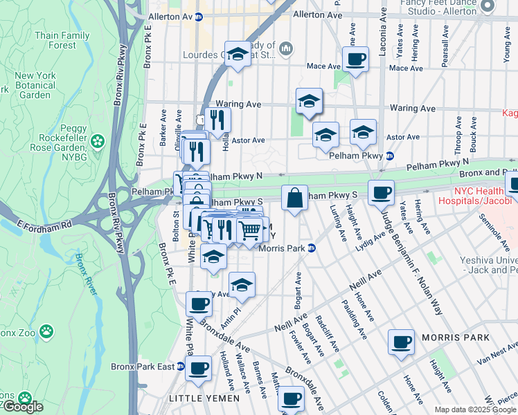 map of restaurants, bars, coffee shops, grocery stores, and more near in The Bronx