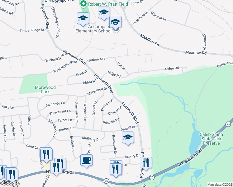 map of restaurants, bars, coffee shops, grocery stores, and more near 107 Plymouth Boulevard in Smithtown