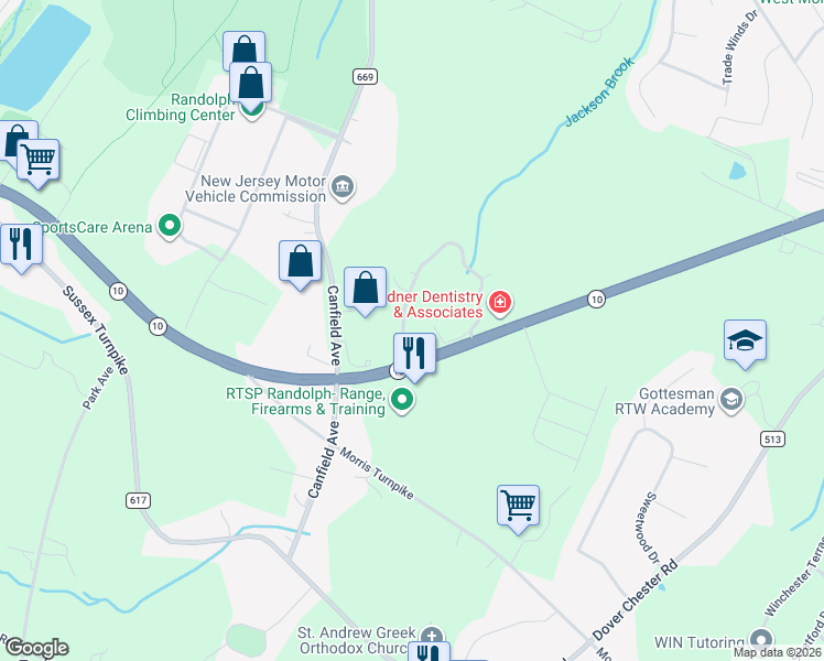 map of restaurants, bars, coffee shops, grocery stores, and more near 40 Arrowgate Drive in Randolph