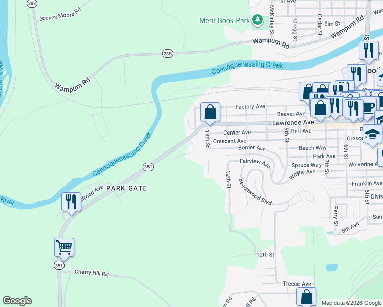 map of restaurants, bars, coffee shops, grocery stores, and more near 416 15th Street in Ellwood City