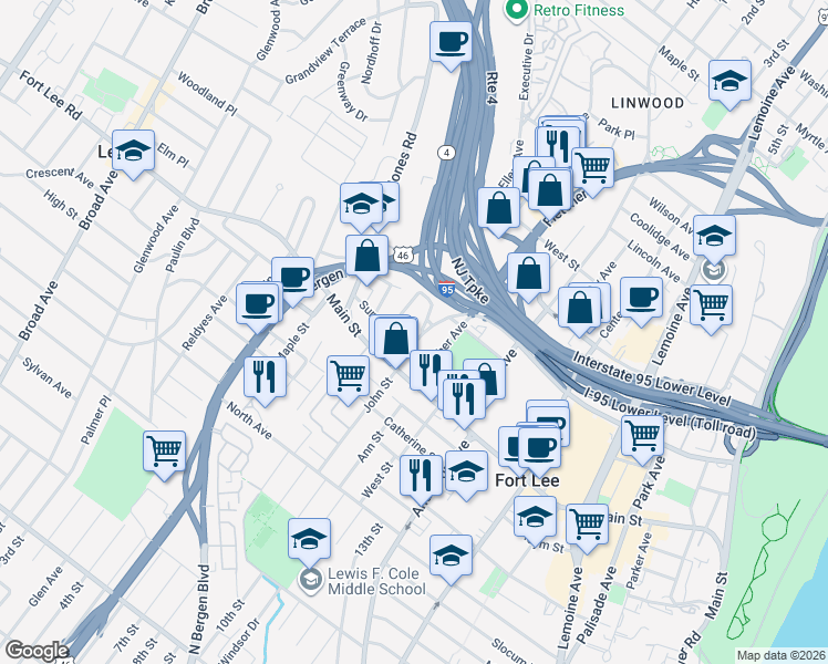 map of restaurants, bars, coffee shops, grocery stores, and more near 2040 Ellery Avenue in Fort Lee
