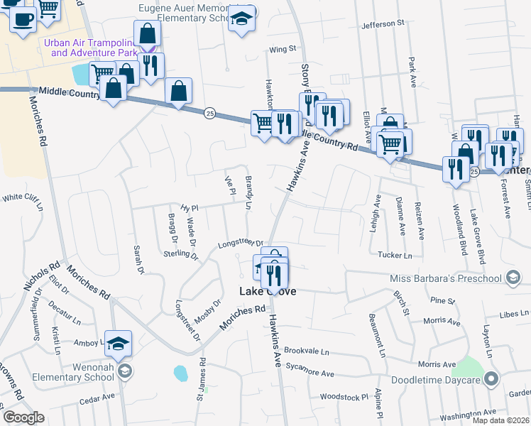 map of restaurants, bars, coffee shops, grocery stores, and more near 10 Alex Court in Lake Grove