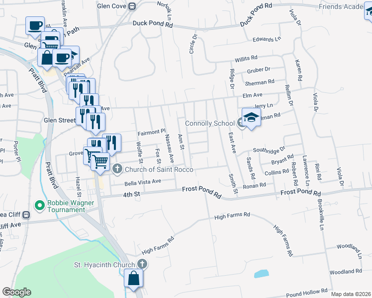 map of restaurants, bars, coffee shops, grocery stores, and more near 20 Ann Street in Glen Cove
