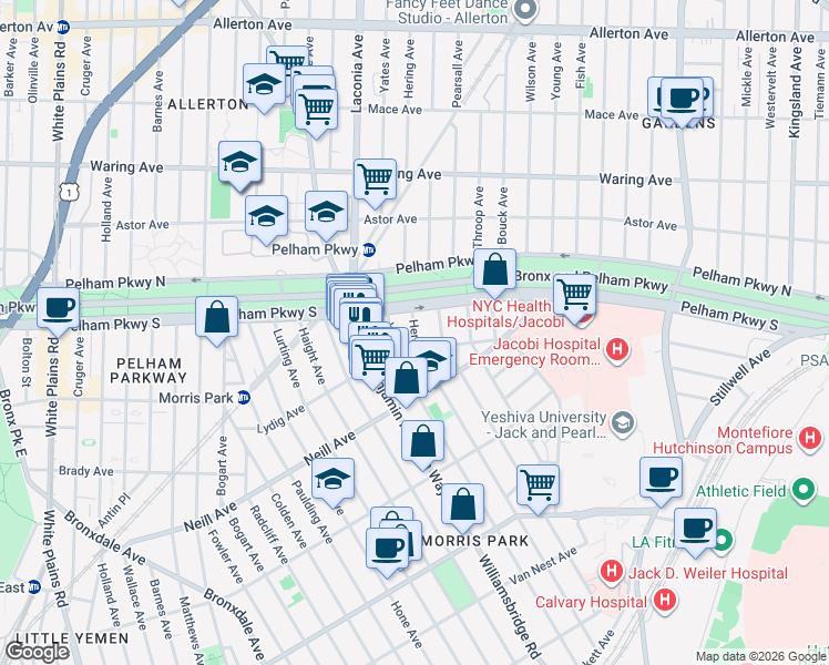 map of restaurants, bars, coffee shops, grocery stores, and more near 1176 Pelham Parkway South in Bronx