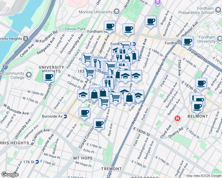 map of restaurants, bars, coffee shops, grocery stores, and more near 2236 Grand Concourse in The Bronx