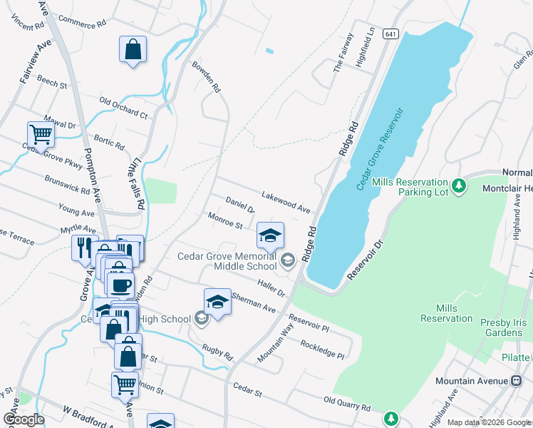 map of restaurants, bars, coffee shops, grocery stores, and more near 85 Lakewood Avenue in Cedar Grove