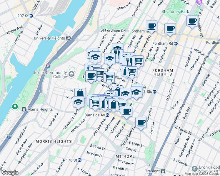 map of restaurants, bars, coffee shops, grocery stores, and more near Grand Avenue & West 181st Street in Bronx
